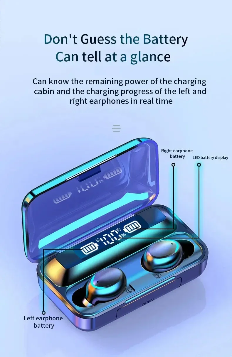 F9 5C Wireless Bluetooth Headphones Tws Waterproof Earbuds Earphones Digital Display Heaset Large Capacity Charging Case